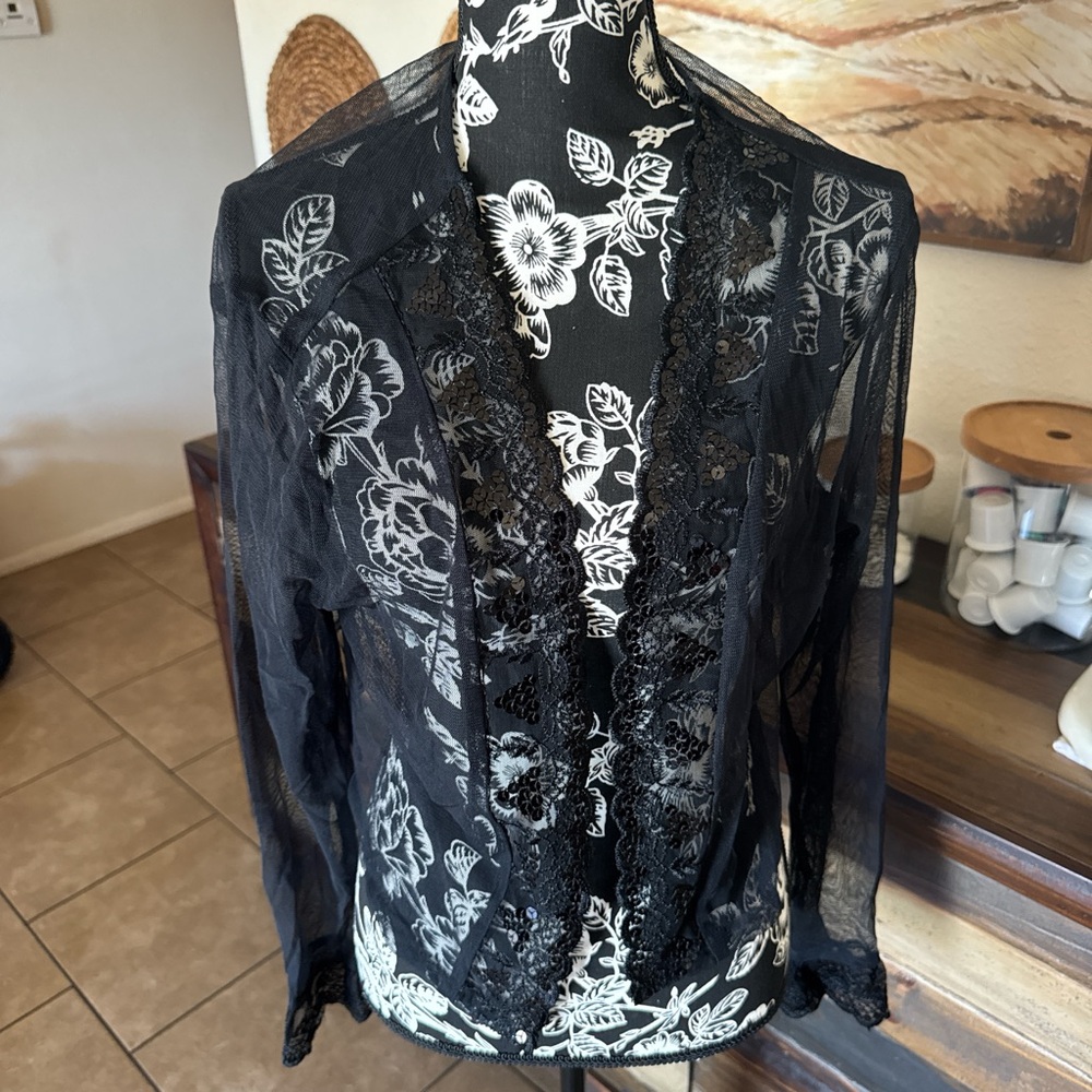Vintage Sheer Black Lace-Trim shawl